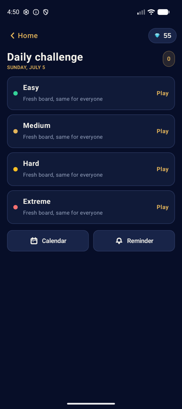 The daily challenge screen — one shared board per difficulty, the same for everyone that day, with a streak calendar and reminders
