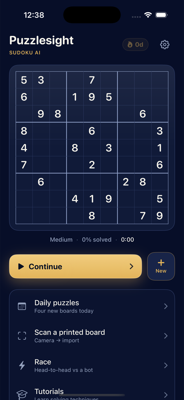 The home screen — a solved board ready to continue, a New puzzle button, and shortcuts to Daily, Scan, and Library