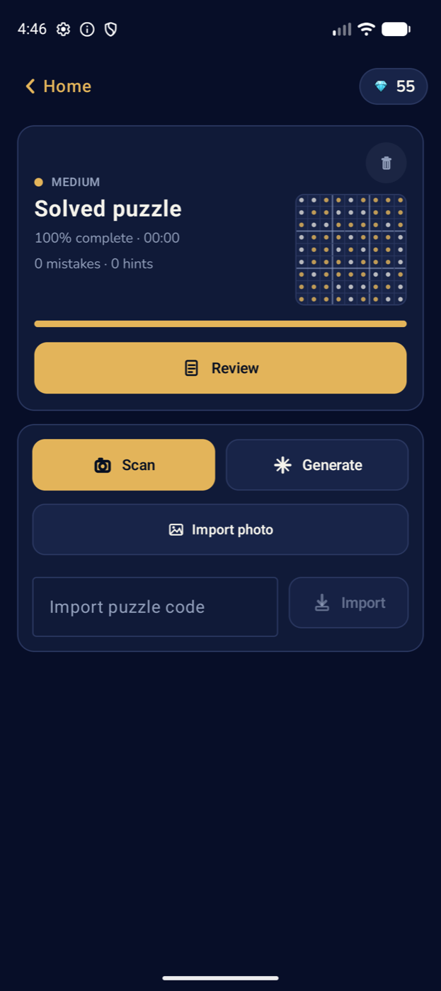 The library screen with a puzzle to resume plus Scan, Generate, and Import-photo actions