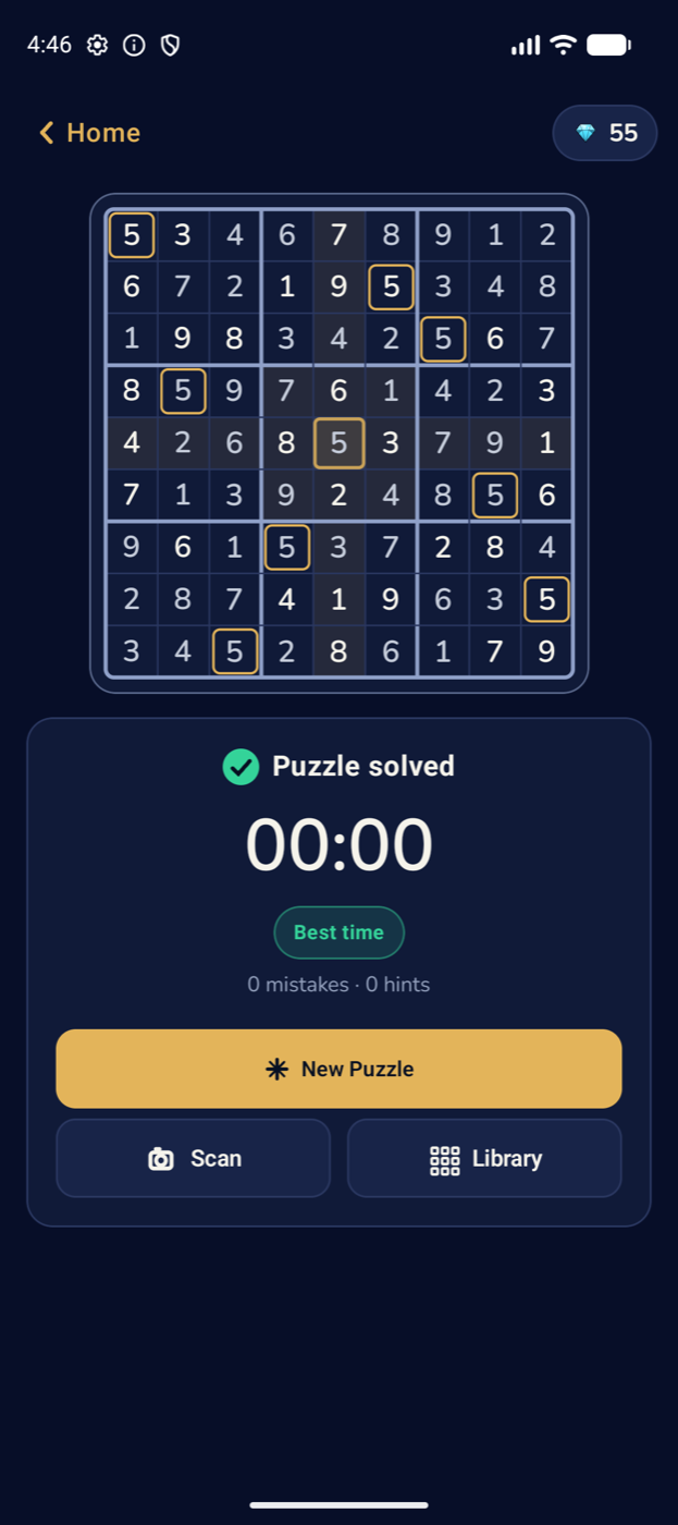 A finished puzzle in the app — timer, mistakes and hints tallied, with a Best Time badge