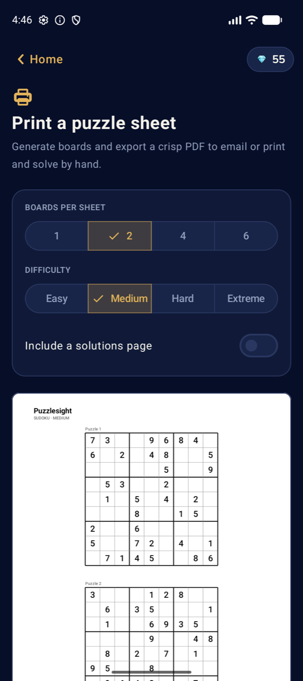 Print options with a live PDF preview of two boards on a sheet