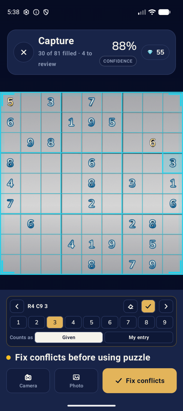 Scanning a printed board — the app reads 30 of 81 clues at 88% confidence and flags cells to check
