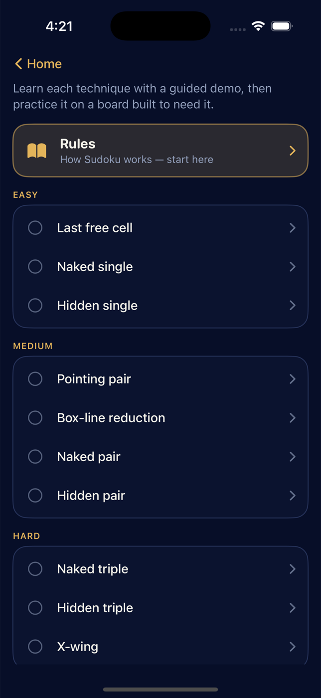 The Tutorials screen in the Puzzlesight app, listing the solving techniques by difficulty band — each with a guided step-by-step demo and generated practice puzzles, including Swordfish