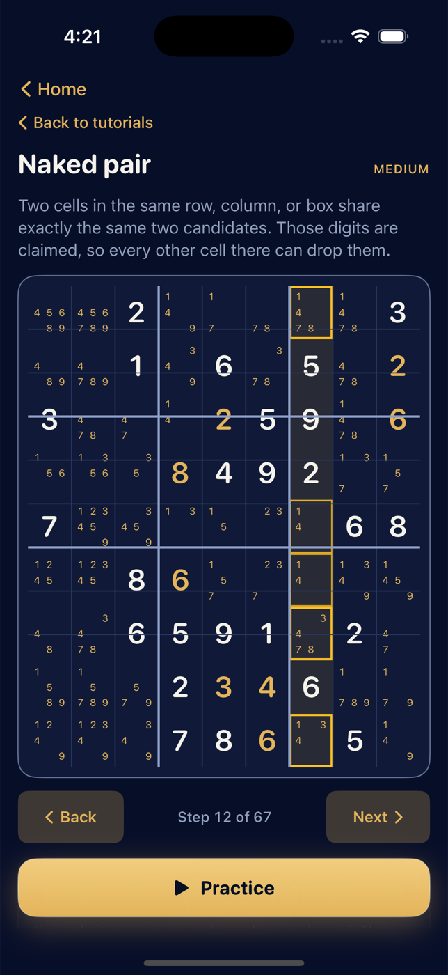 The Naked Pair tutorial in the Puzzlesight app, mid-walkthrough with the pair highlighted in column 7