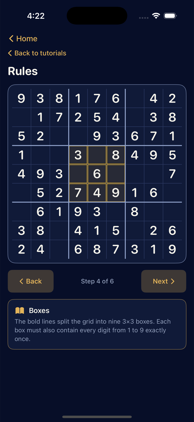 The Rules walkthrough in the Puzzlesight app, mid-step on Boxes — the centre 3×3 box highlighted on a live Sudoku board