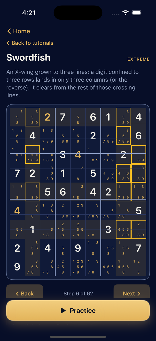 The Swordfish tutorial in the Puzzlesight app — an interactive board stepping through the technique